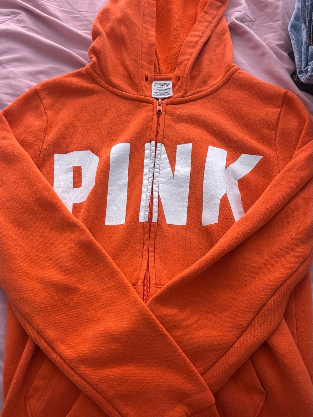PINK Victoria's Secret Orange Zip Front Hoodie with White Logo